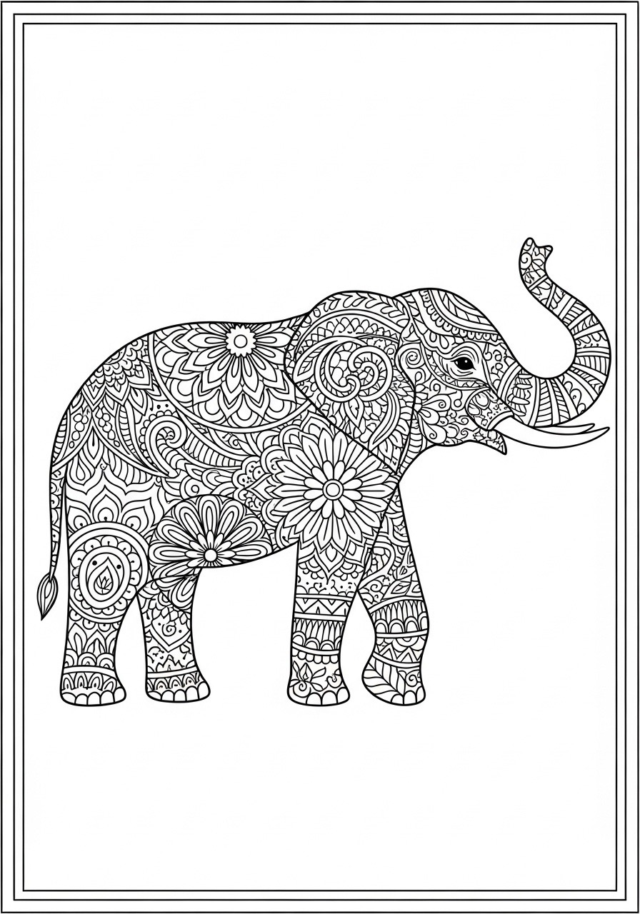 Desenho para Colorir para Adultos de um elefante decorado