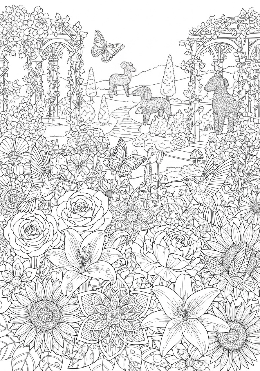 Desenho para Colorir para Adultos de flores e paisagem