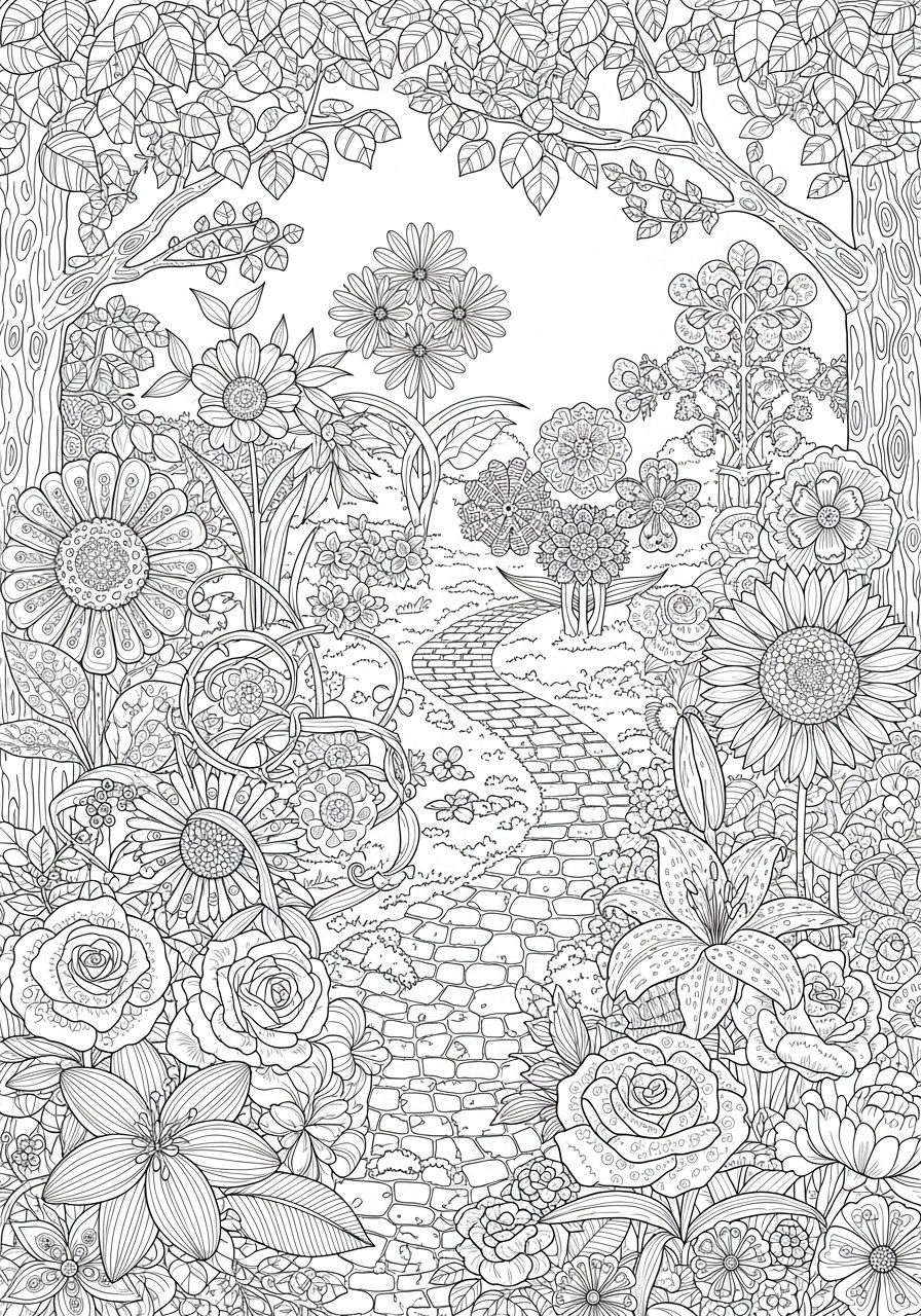 Desenho para Colorir para Adultos de um caminho entre flores