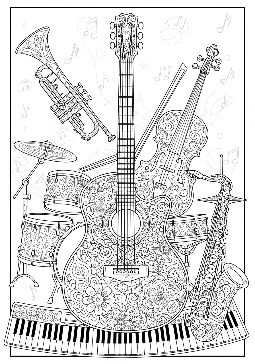 Desenho para Colorir para Adultos de instrumentos musicais