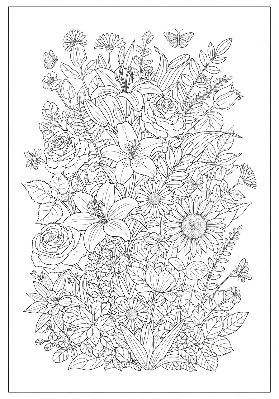 Desenho para Colorir para Adultos de flores variadas e folhas