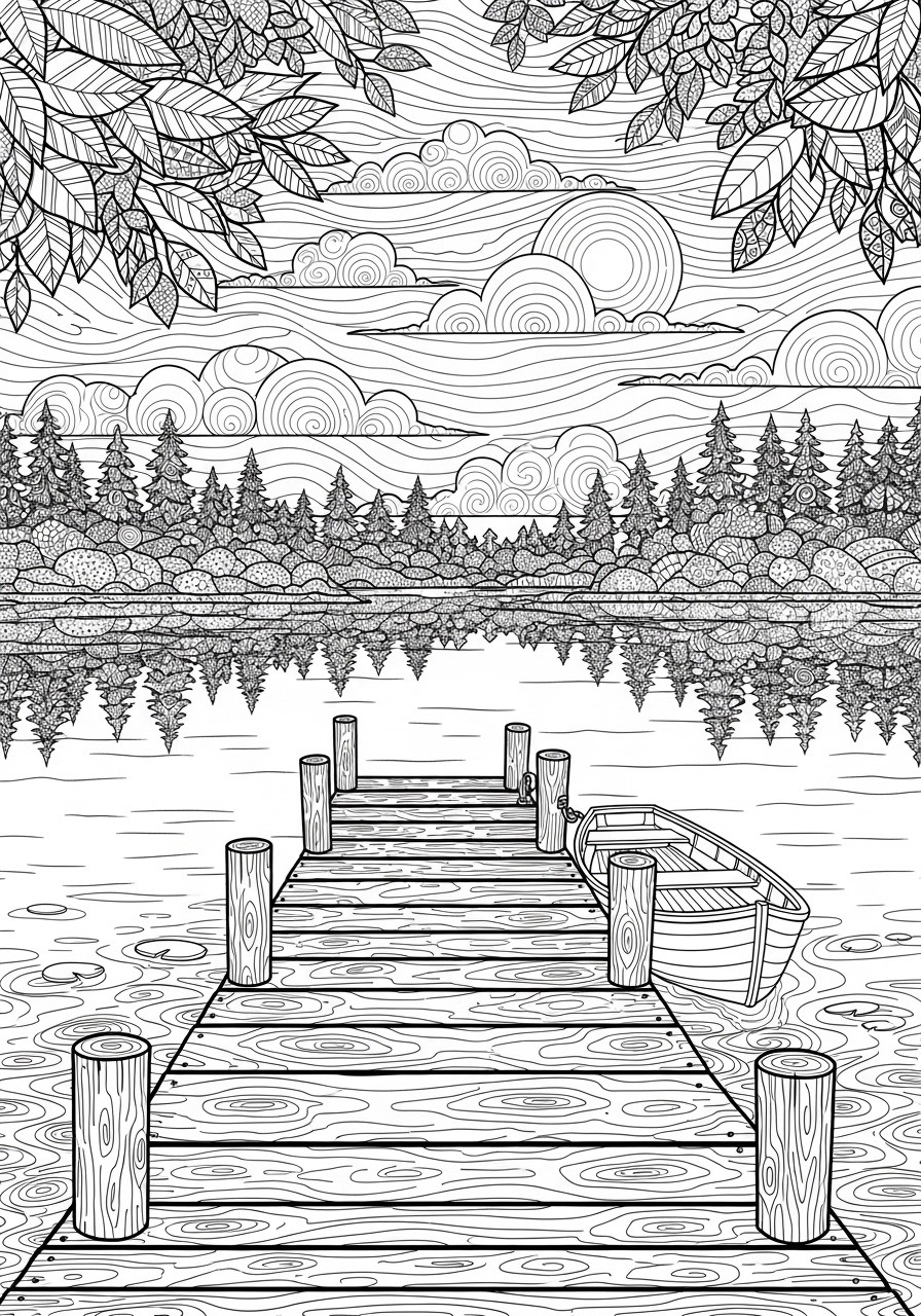 Desenho de paisagem com cais e lago para colorir