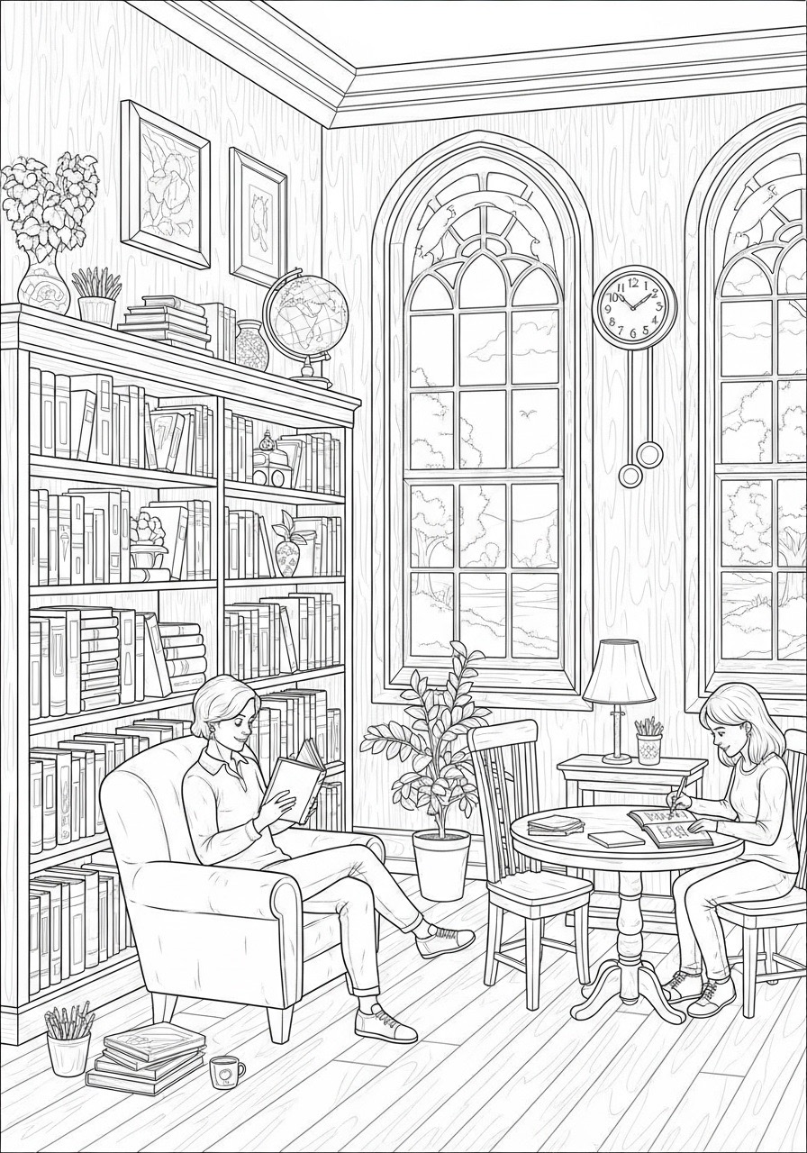 Desenho para Colorir para Adultos de uma sala com pessoas