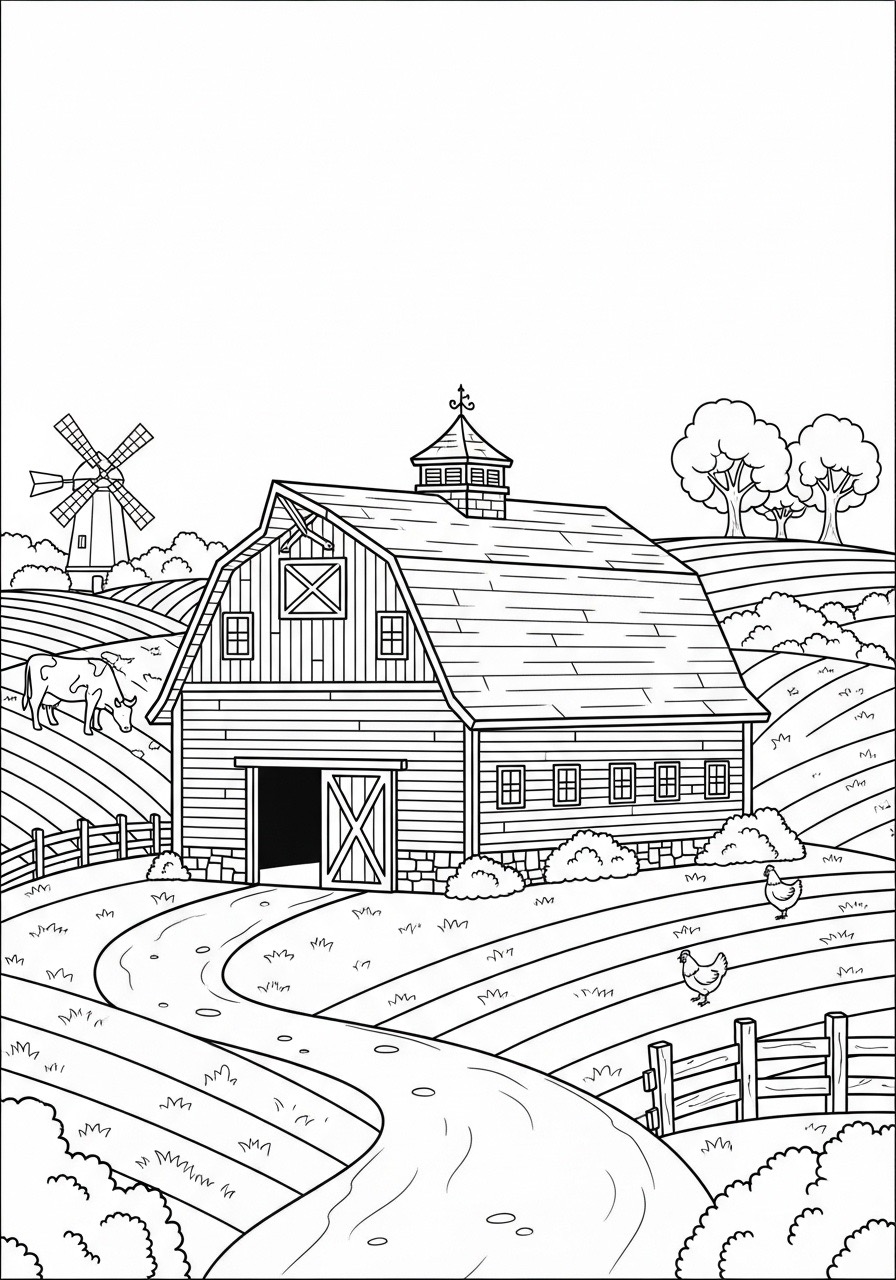 Desenho para Colorir para Adultos de uma fazenda com galinhas