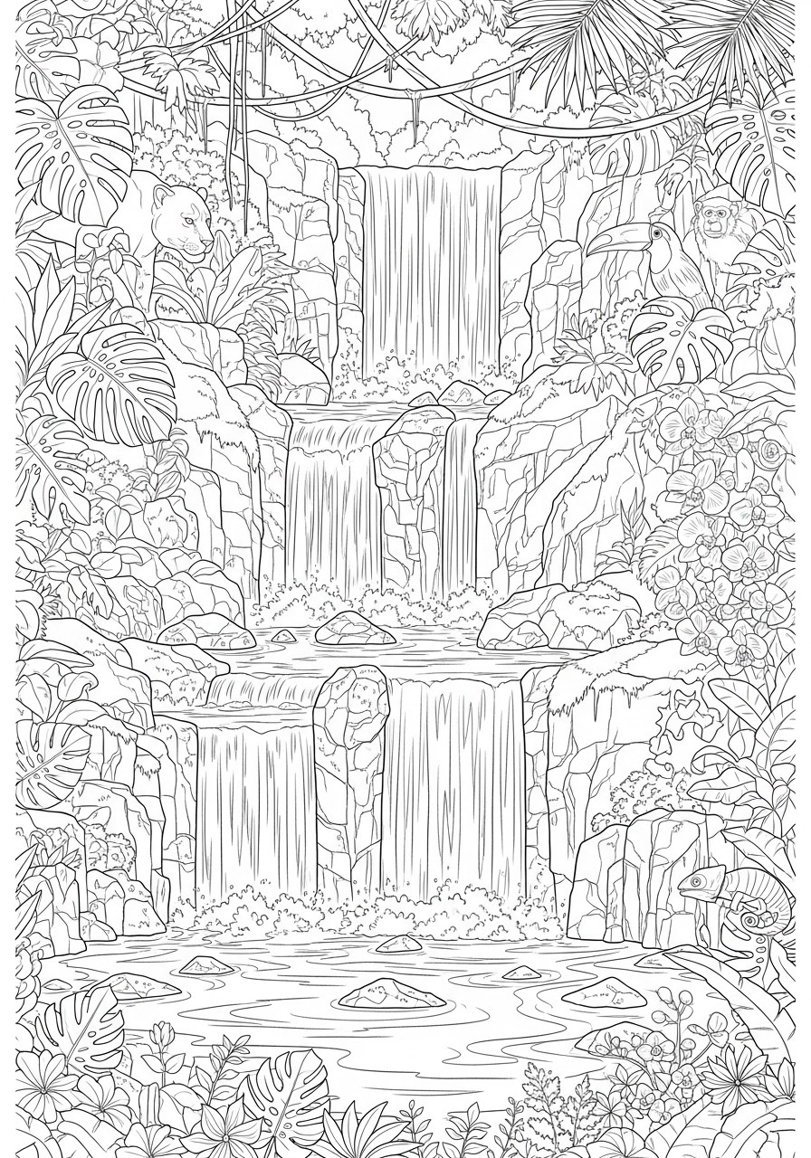 Desenho para Colorir para Adultos de cachoeiras e vegetação