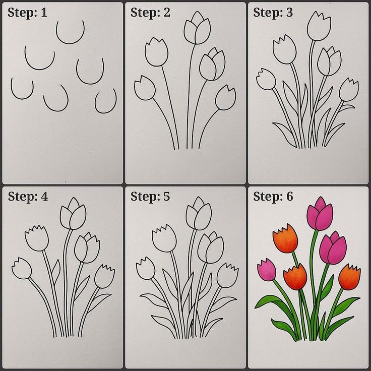 Desenho para Desenhar Passo a Passo: Flores coloridas em vaso
