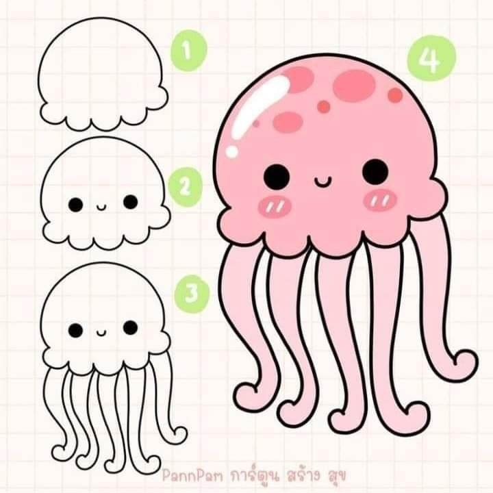 Desenho para Desenhar Passo a Passo: Água-viva fofa com tentáculos