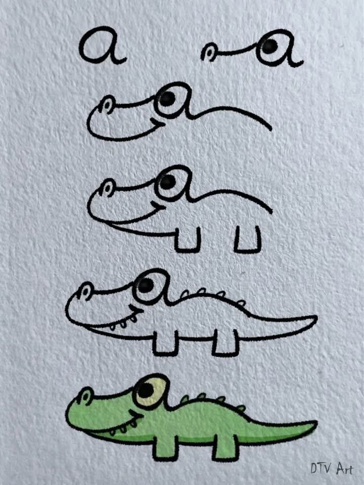 Desenho para Desenhar Passo a Passo: Crocodilo em quatro etapas