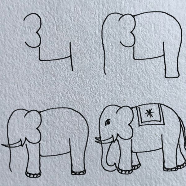 Desenho para Desenhar Passo a Passo: Elefante em quatro etapas