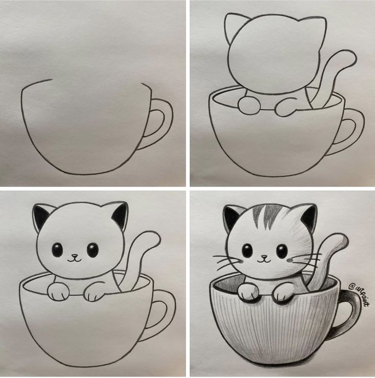 Desenho para Desenhar Passo a Passo: Gato fofo na xícara