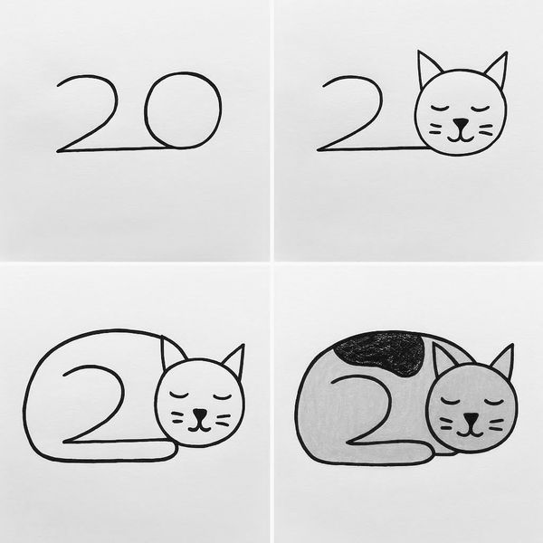 Desenho para Desenhar Passo a Passo: Gato dormindo com número 20