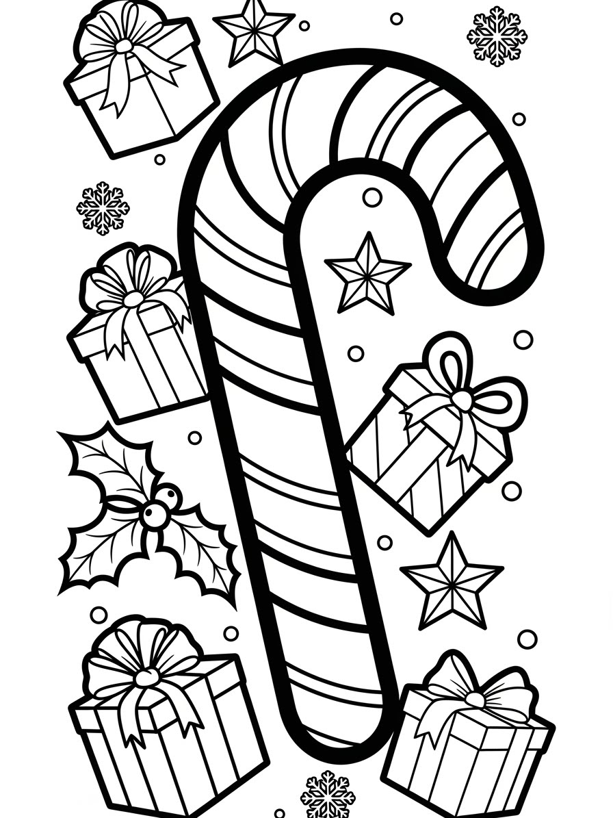 Desenho de Dezembro de bengala de doce e presentes para colorir