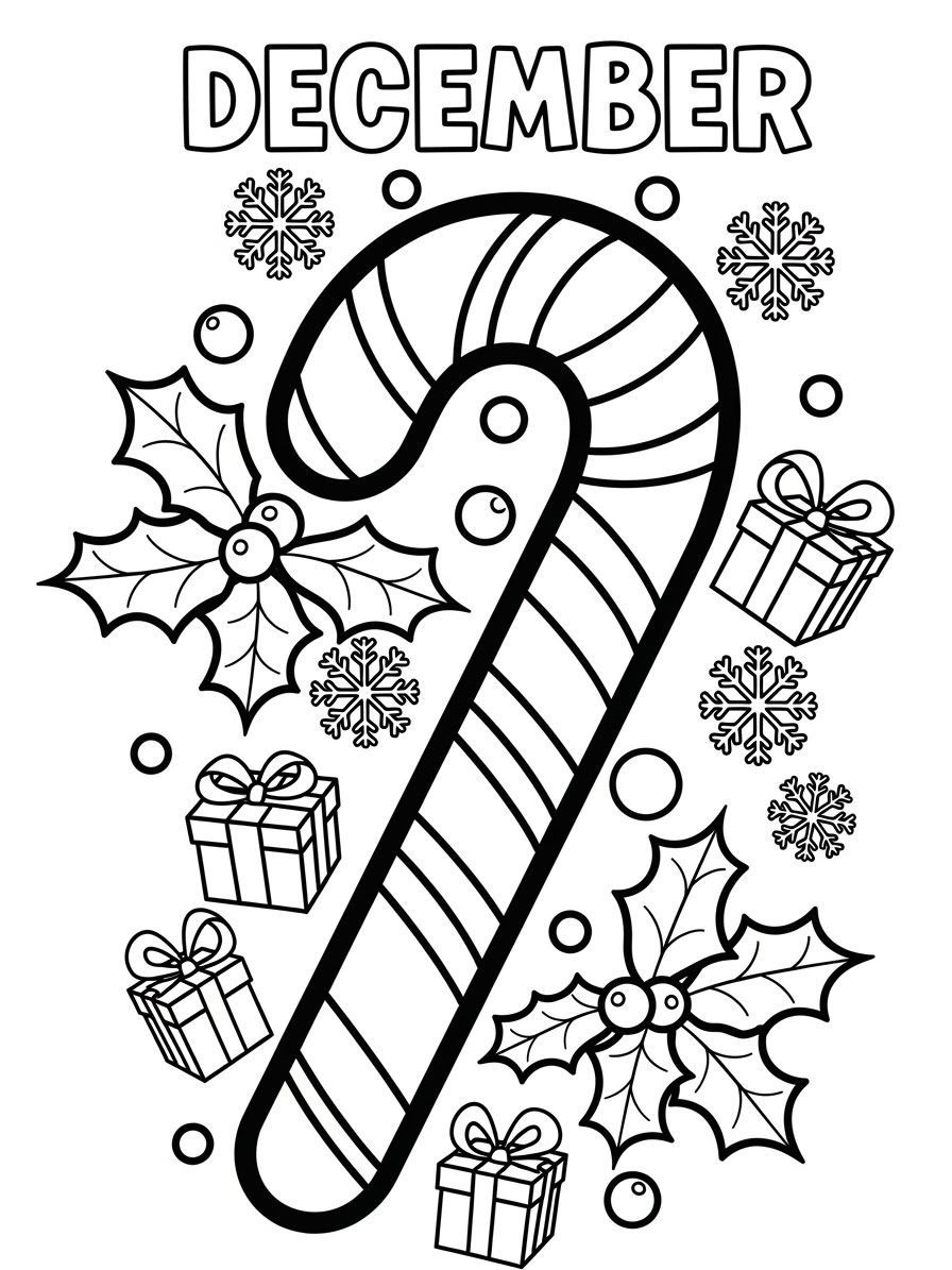Desenho de Dezembro com bastão de doces e presentes para colorir