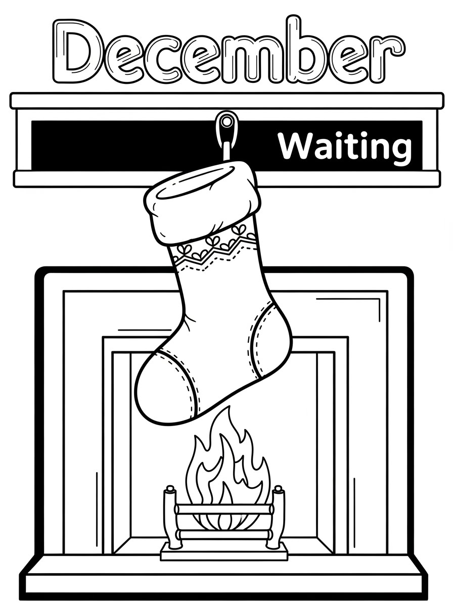 Desenho de Dezembro com uma meia na lareira para colorir