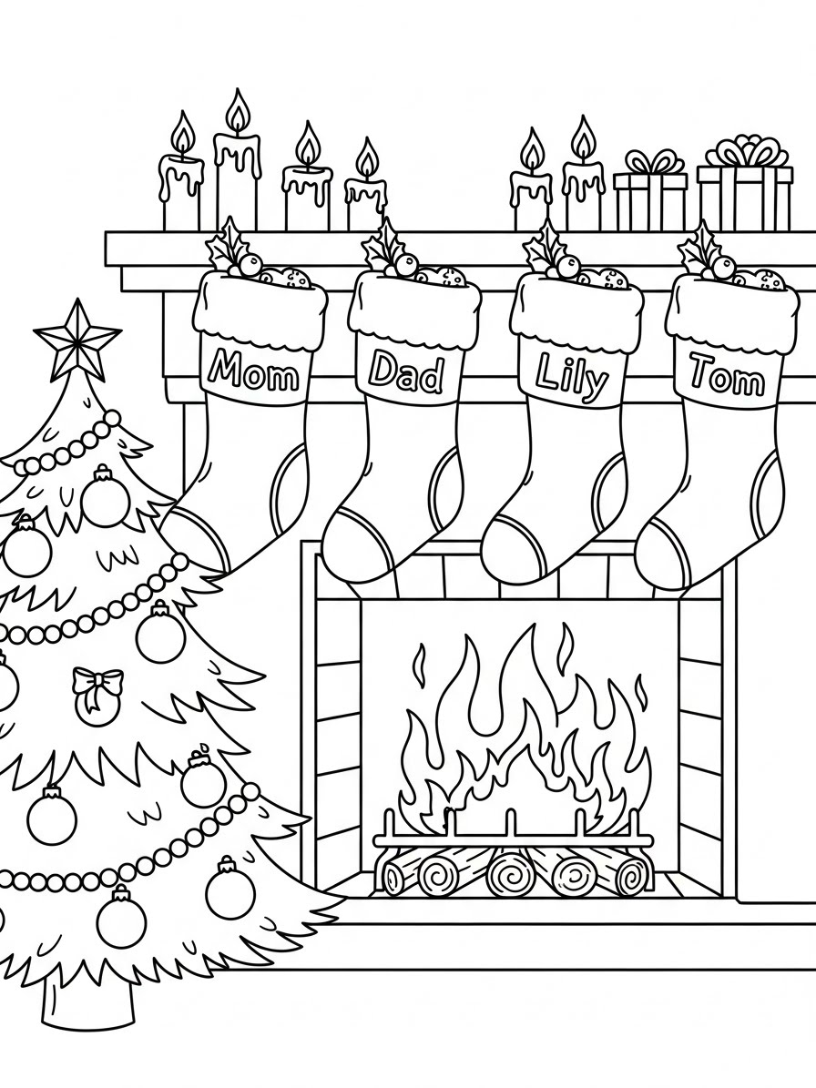 Desenho de Dezembro com lareiras e meias para colorir