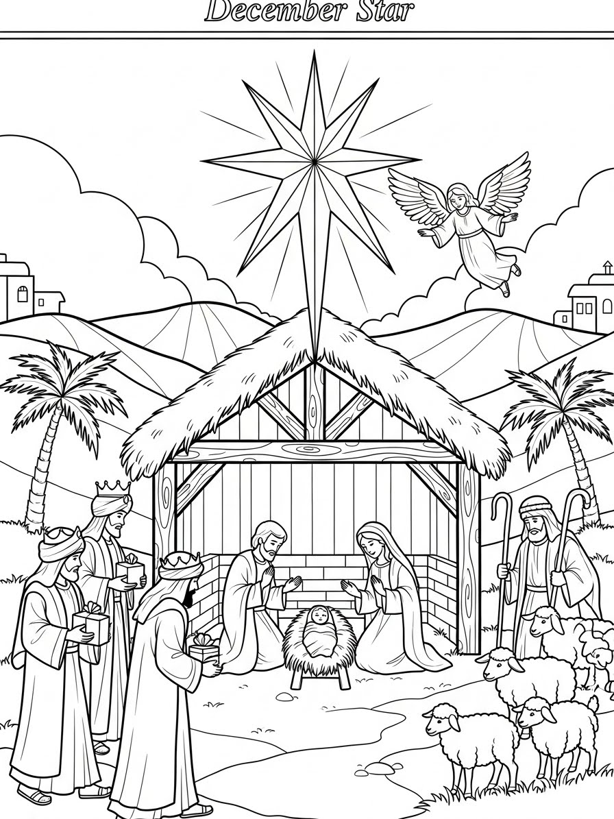 Desenho de Dezembro do nascimento de Jesus para colorir