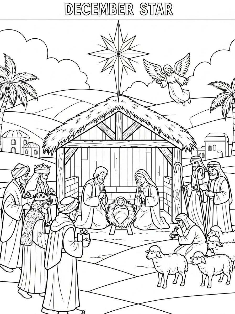 Desenho de Dezembro com o nascimento de Jesus para colorir