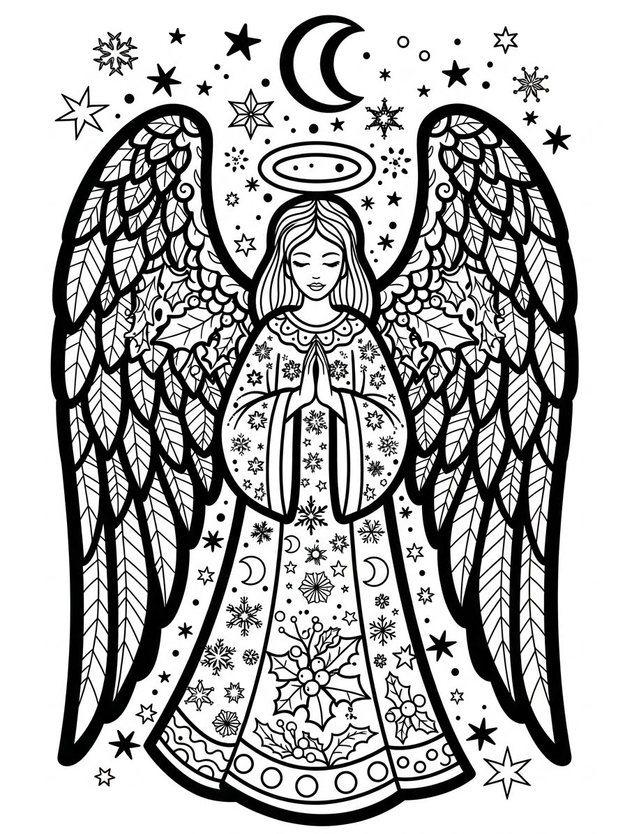 Desenho de Dezembro com anjo e estrelas para colorir
