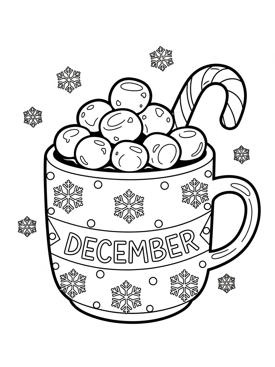 Desenho de Dezembro com caneca de chocolate quente para colorir