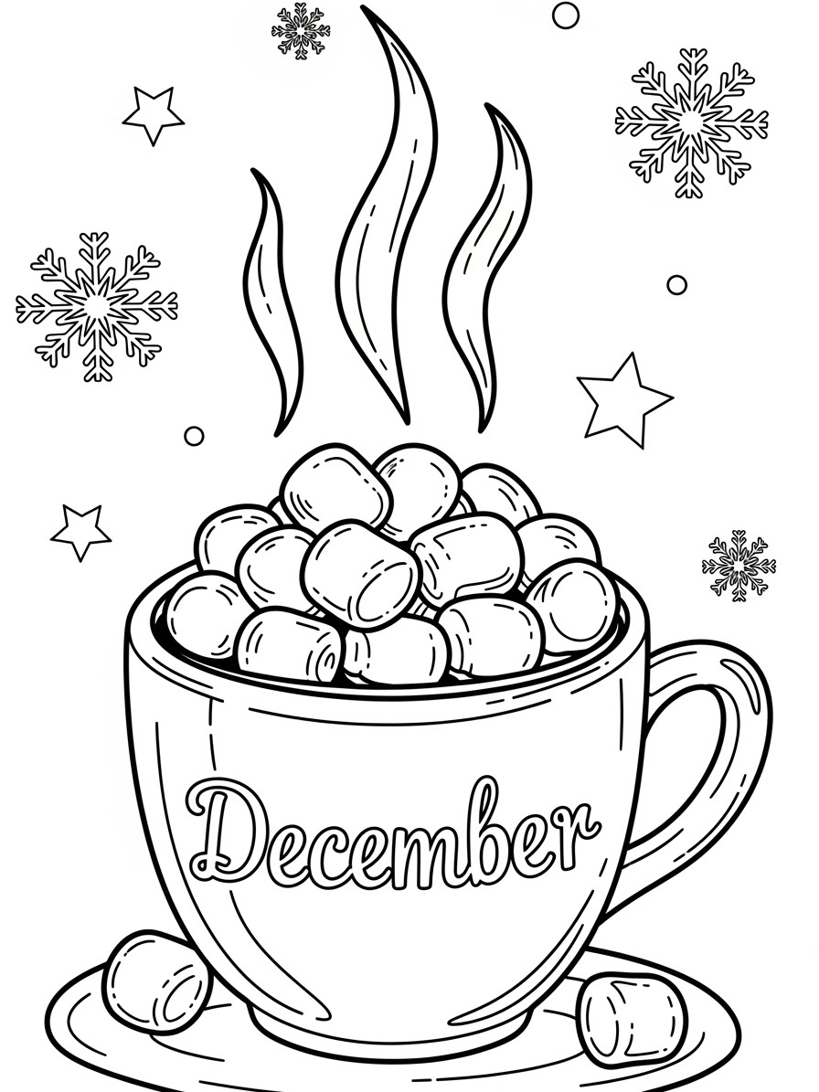 Desenho de Dezembro com caneca de chocolate quente para colorir