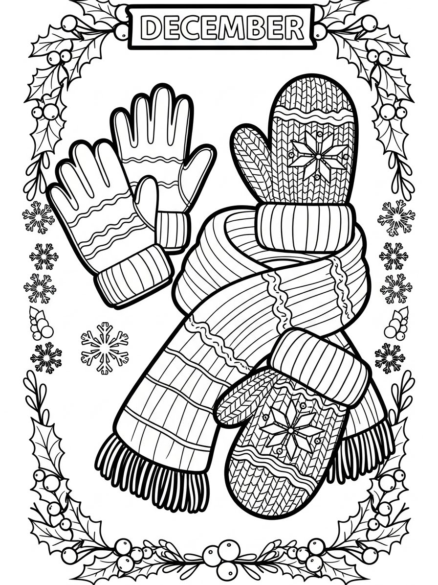 Desenho de Dezembro com luvas e cachecol para colorir