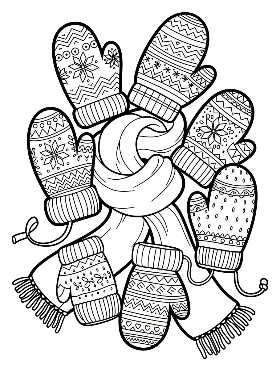 Desenho de Dezembro com luvas e cachecol para colorir