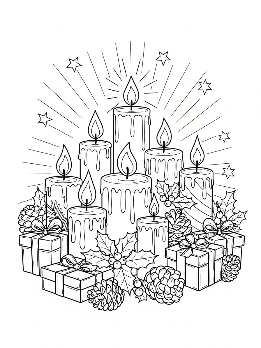 Desenho de Dezembro com velas e presentes para colorir
