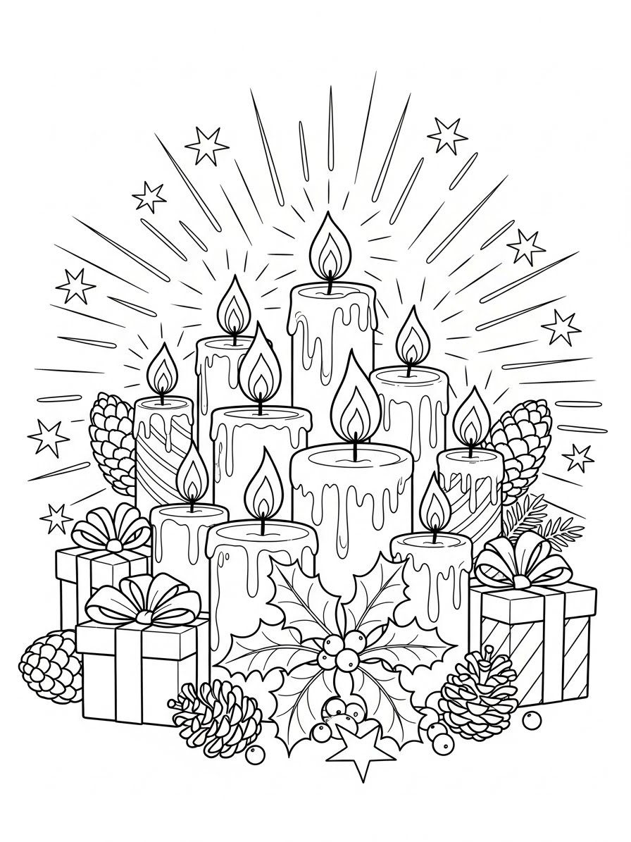 Desenho de Dezembro com velas e presentes para colorir