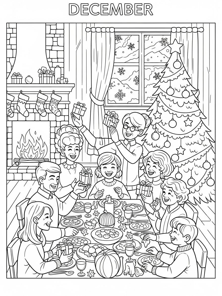 Desenho de Dezembro com família reunida para colorir