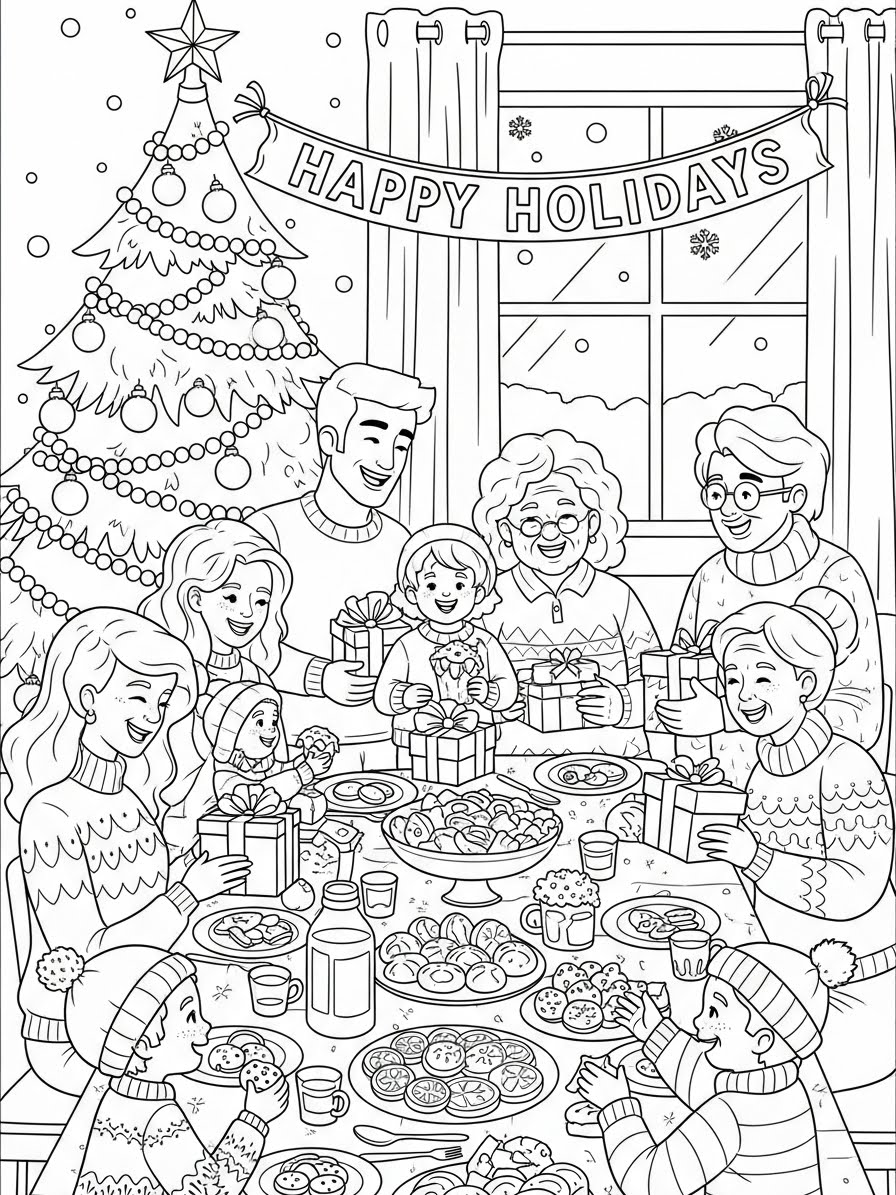 Desenho de Dezembro com família reunida em festa para colorir