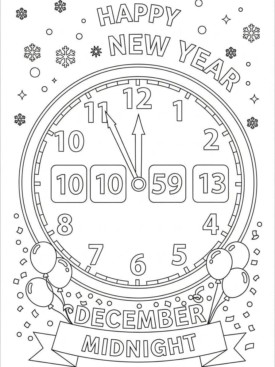 Desenho de Dezembro com relógio para colorir