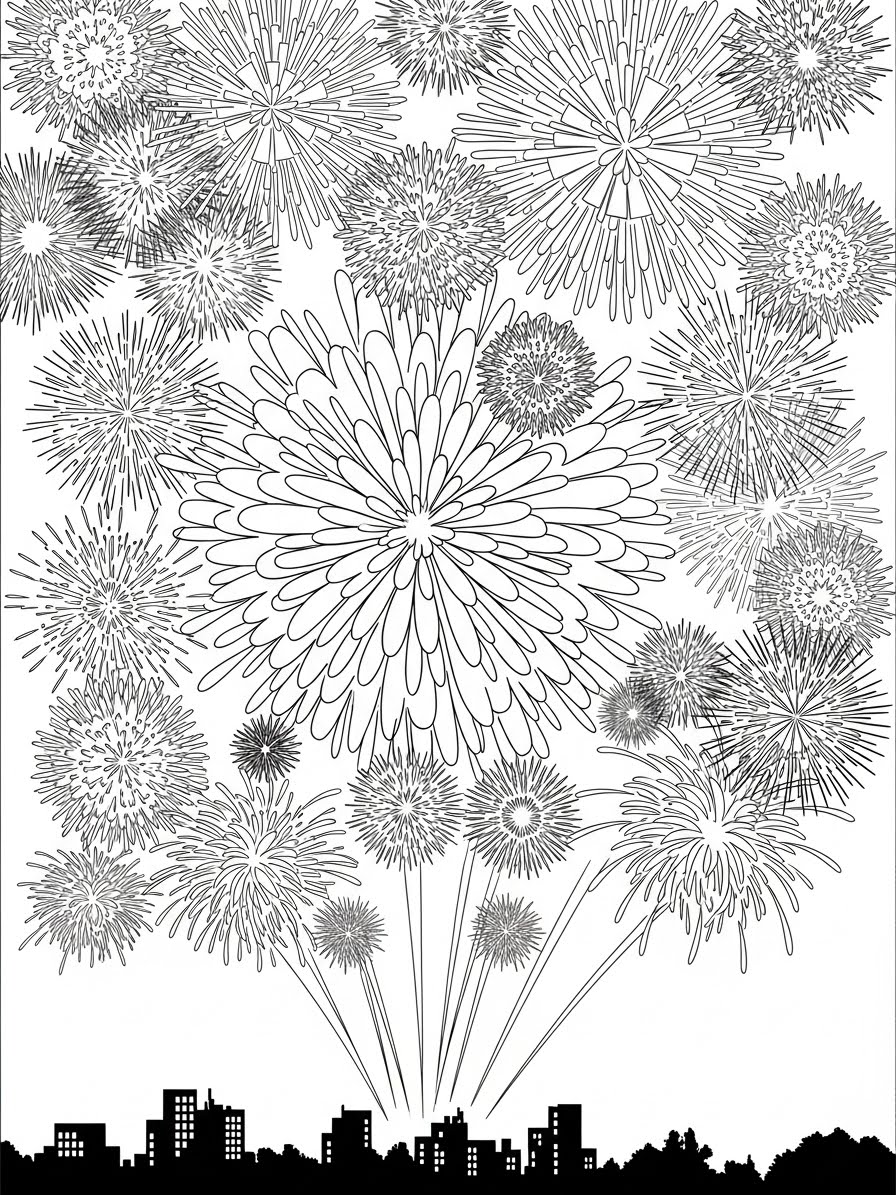 Desenho de Dezembro com fogos de artifício para colorir