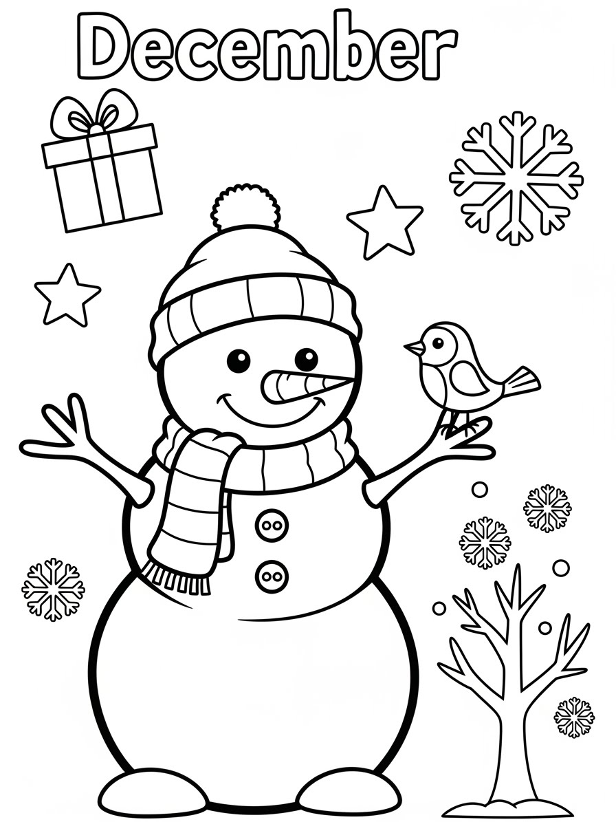 Desenho de Dezembro com boneco de neve e símbolos natalinos para colorir