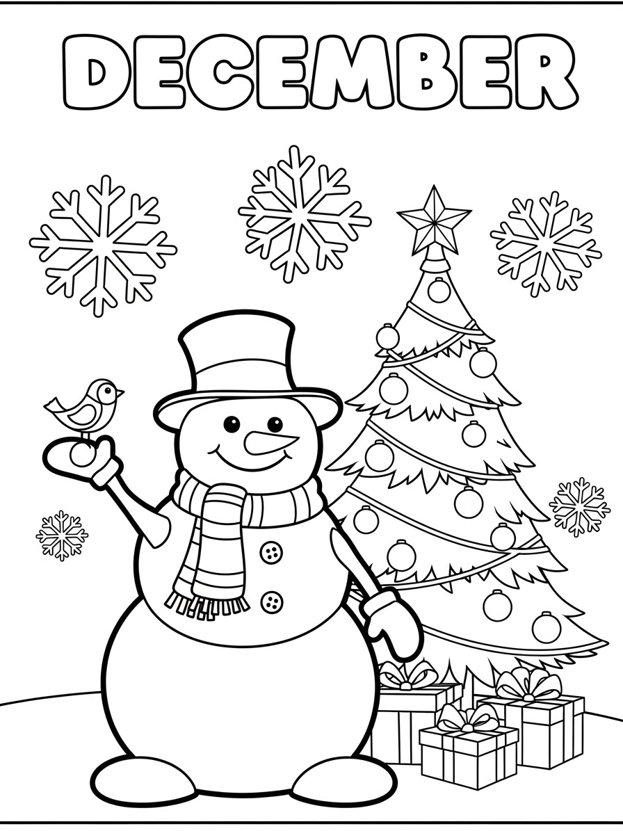 Desenho de Dezembro com boneco de neve e árvore para colorir
