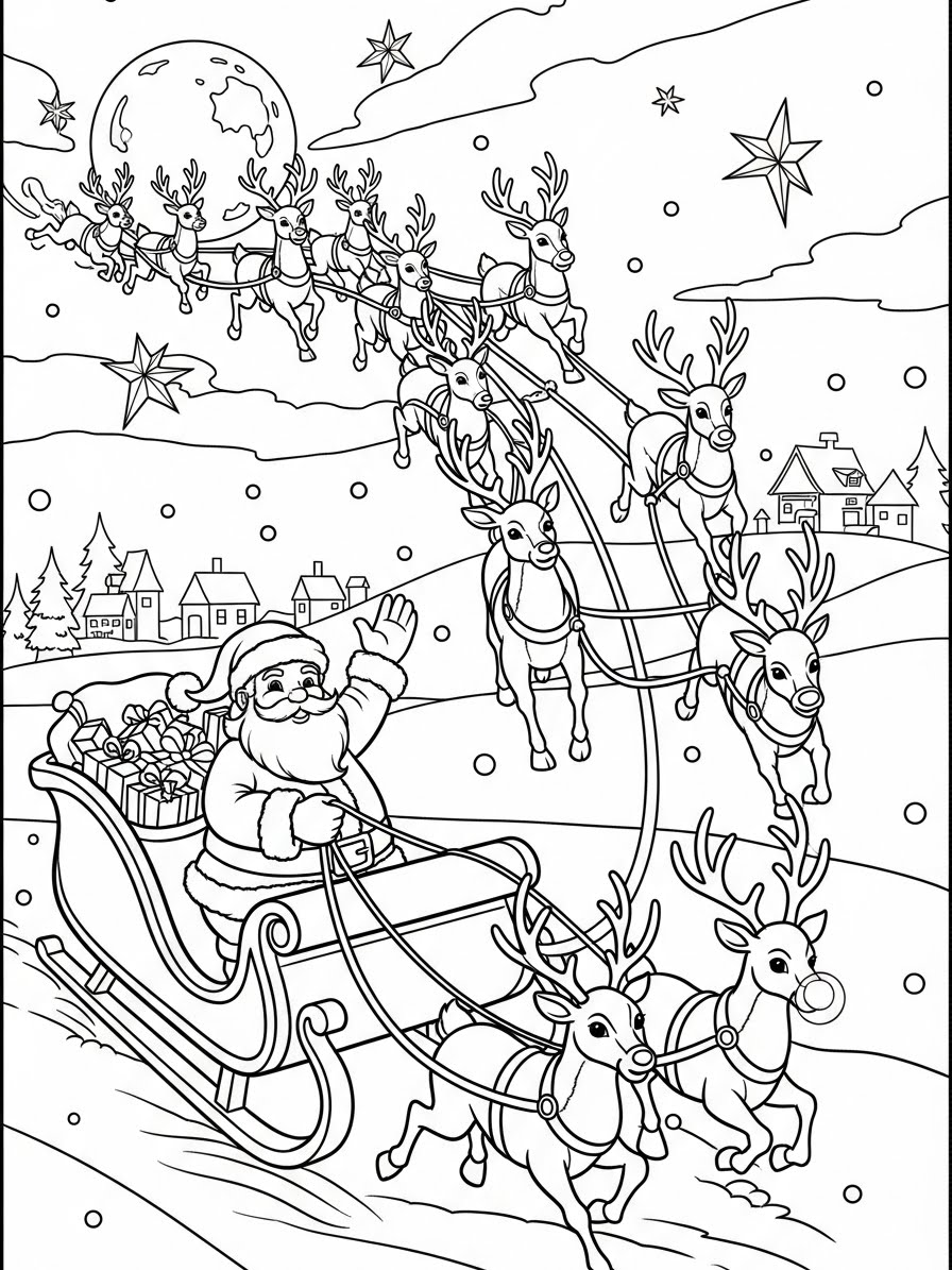 Desenho de Dezembro com o Papai Noel e renas para colorir