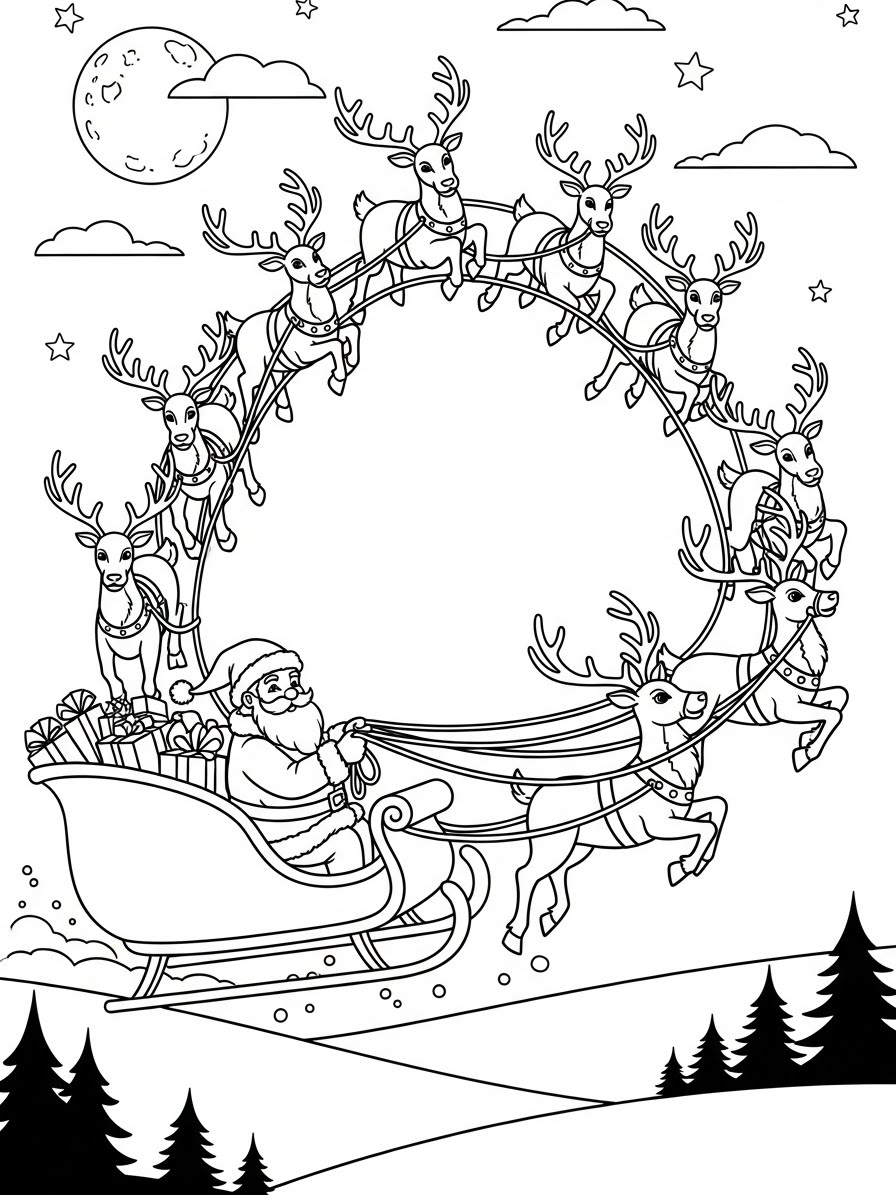 Desenho de Dezembro com Papai Noel e renas para colorir