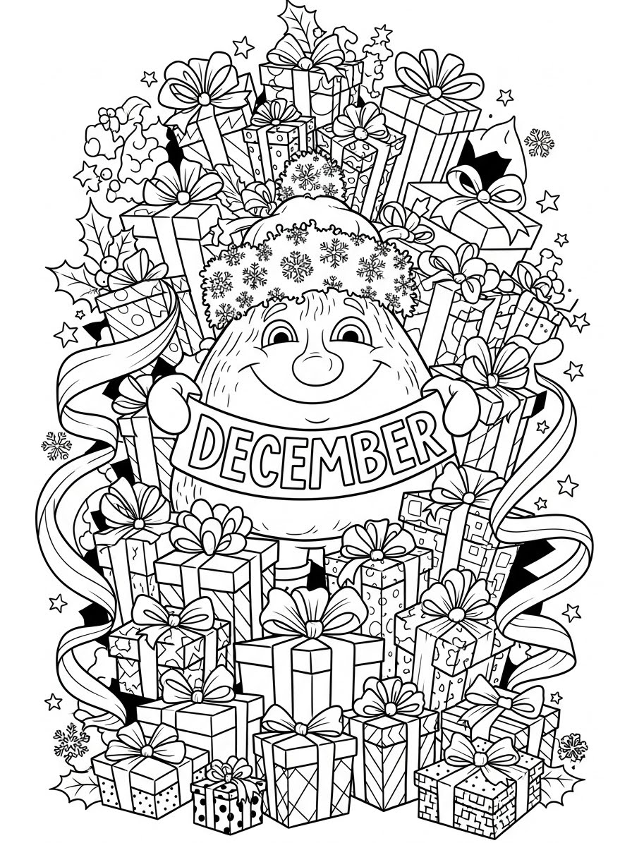 Desenho de Dezembro com presente e enfeites para colorir