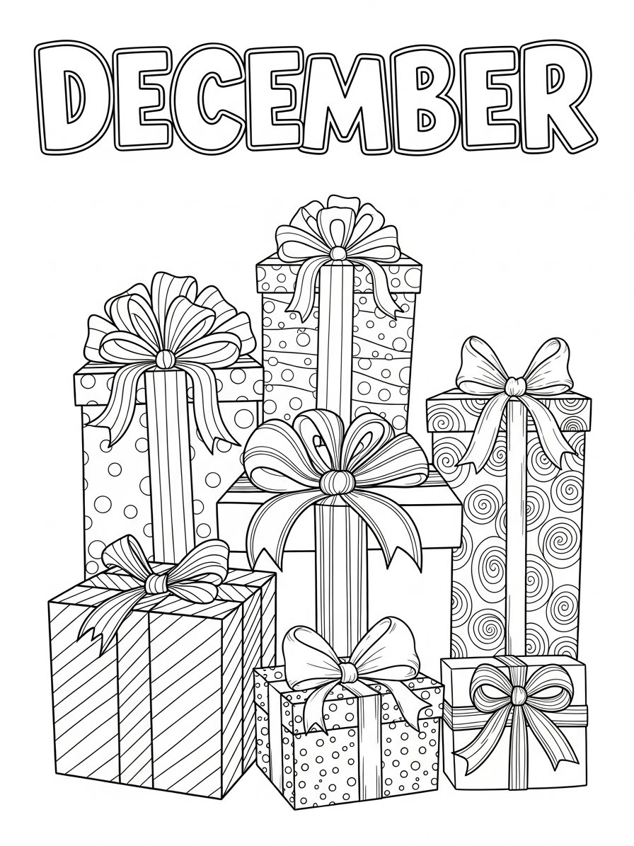 Desenho de Dezembro com presentes empilhados para colorir