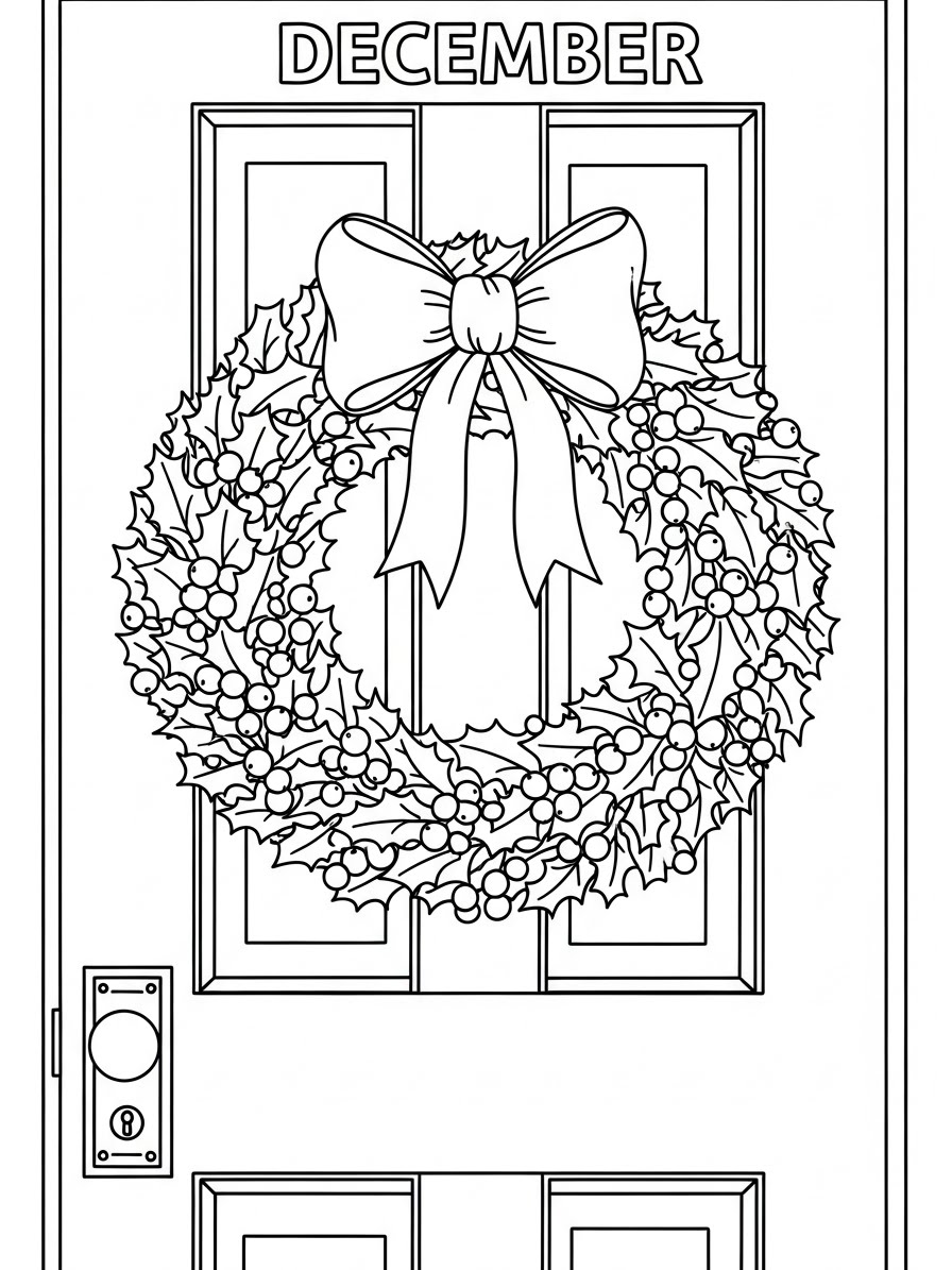Desenho de Dezembro com guirlanda na porta para colorir