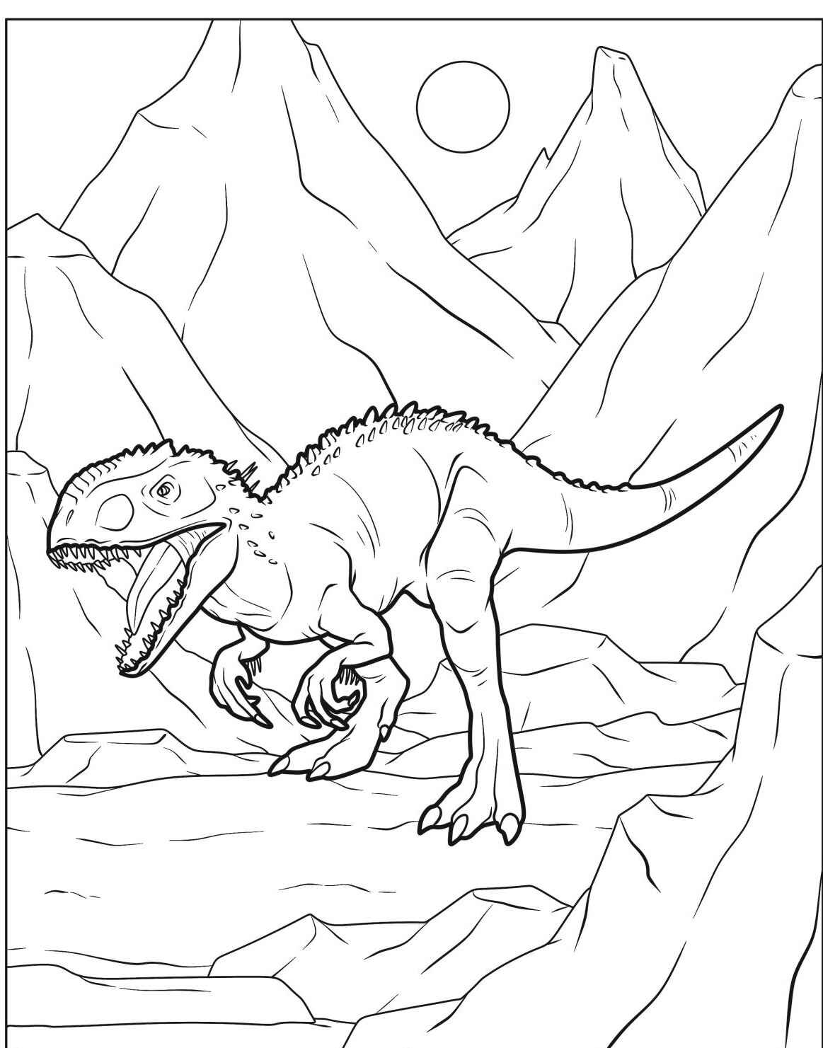 Desenho do Dinossauro T-Rex em ambiente montanhoso para colorir