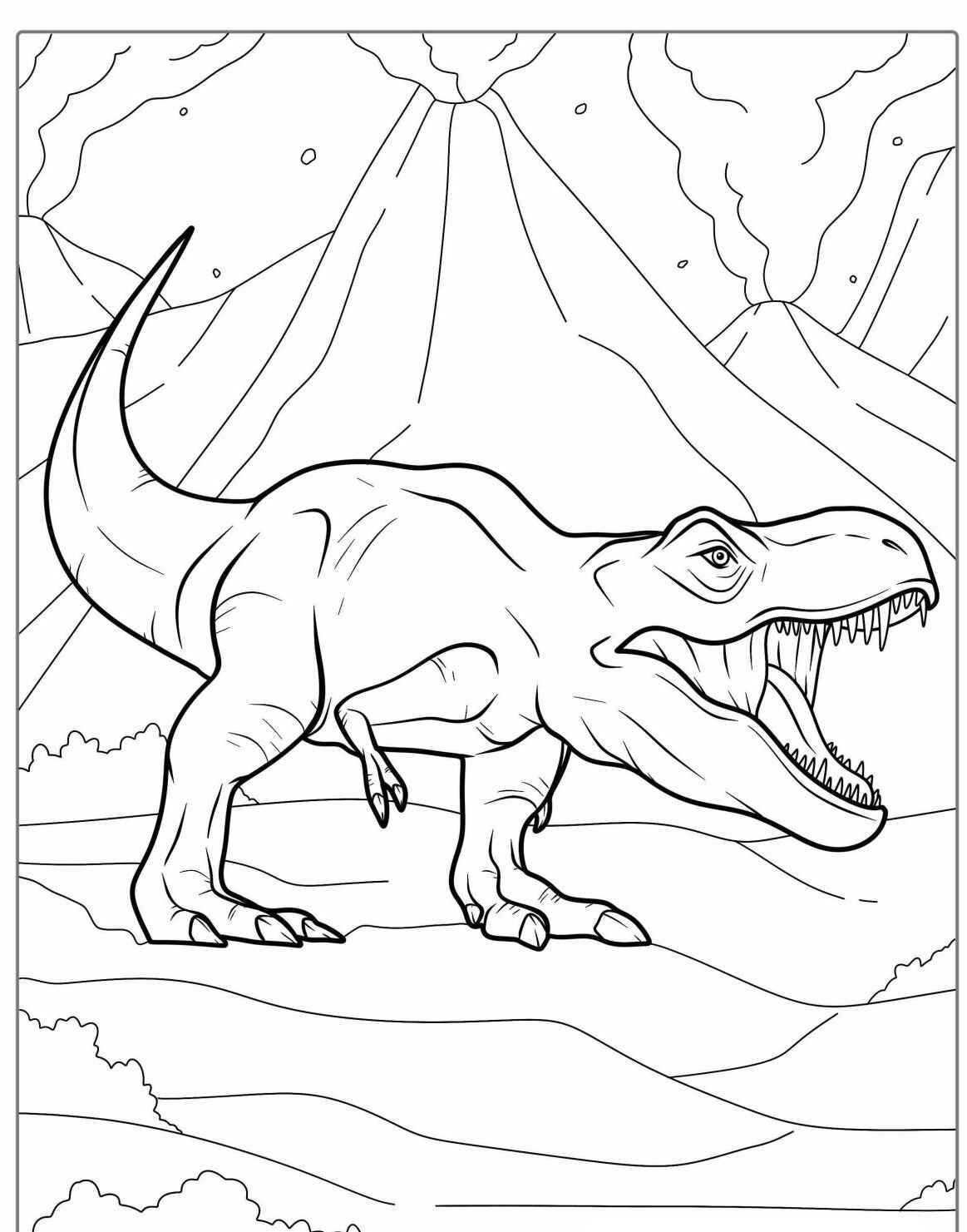 Desenho do Dinossauro T-Rex em um cenário vulcânico