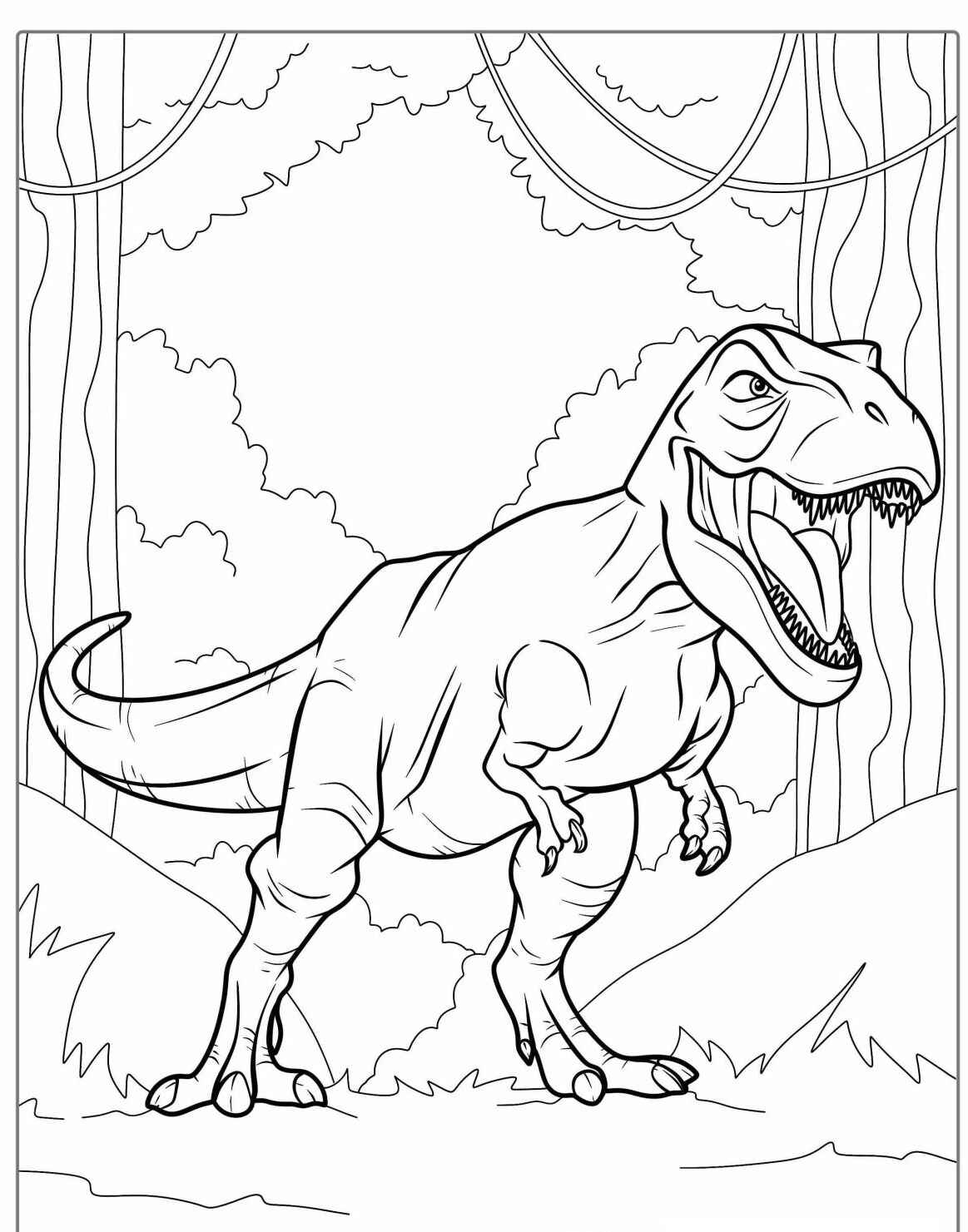 Desenho do Dinossauro T-Rex em floresta para imprimir e colorir