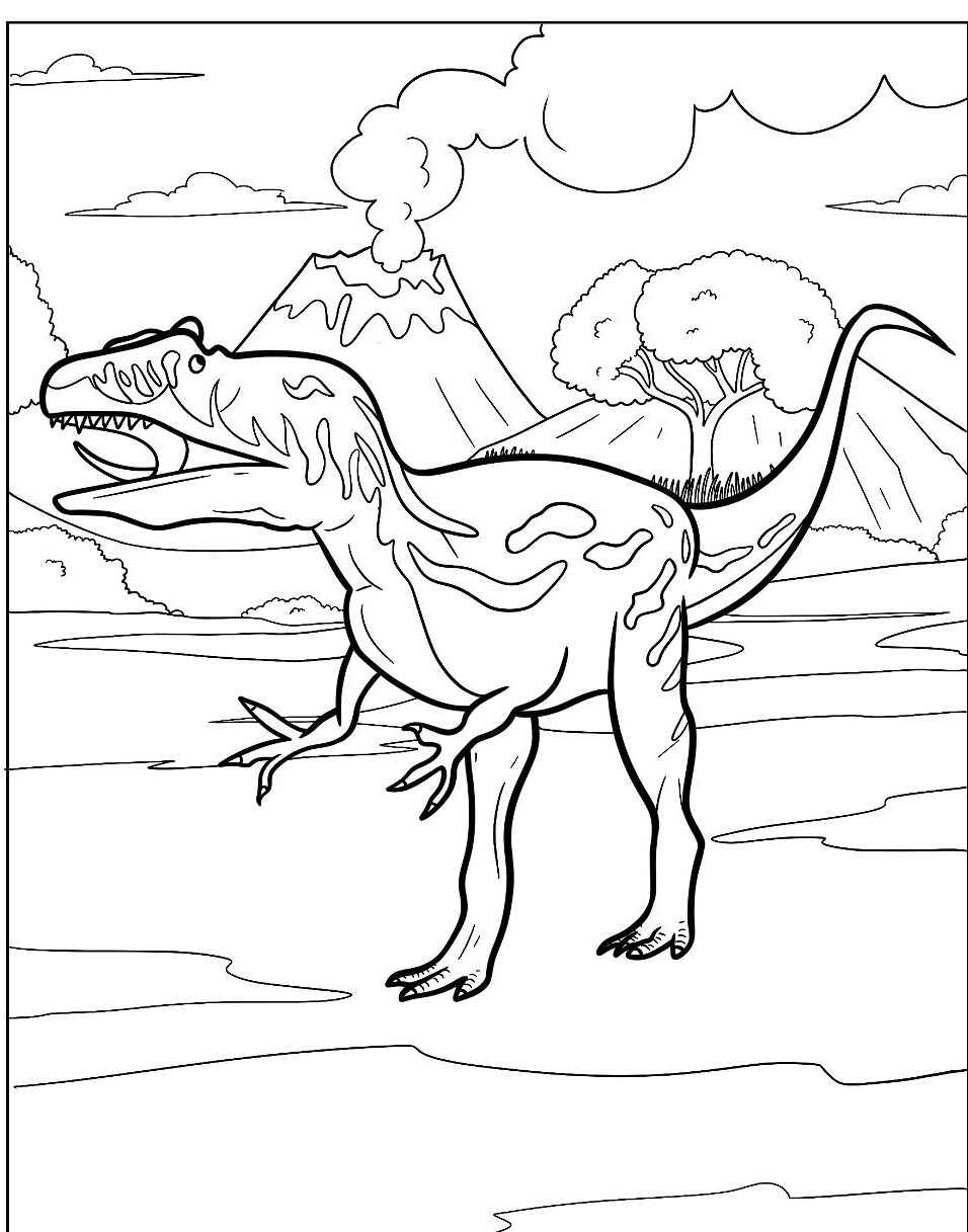 Desenho do Dinossauro T-Rex em meio a vulcão para colorir