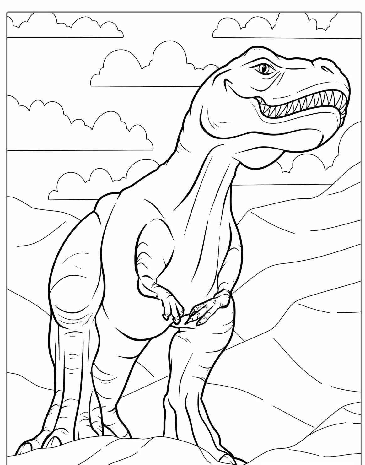 Desenho de Dinossauro T-Rex em um cenário montanhoso