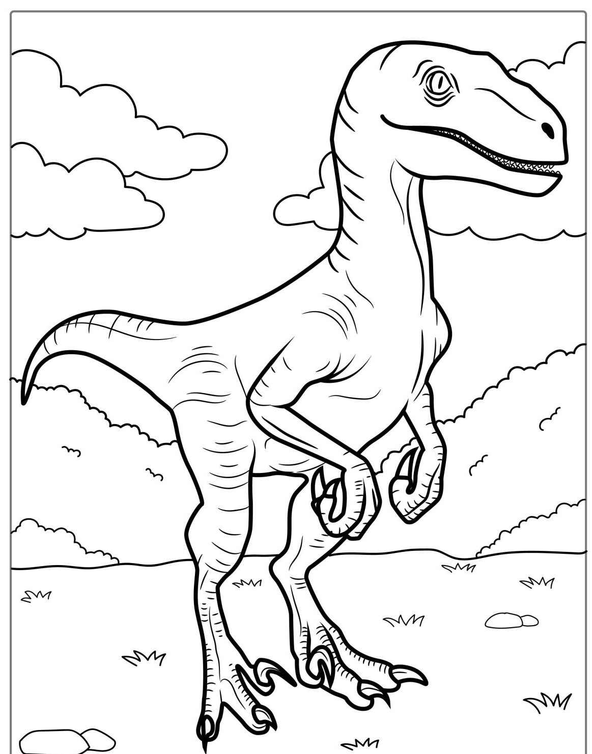 Desenho de Dinossauro Velociraptor parado para imprimir e colorir
