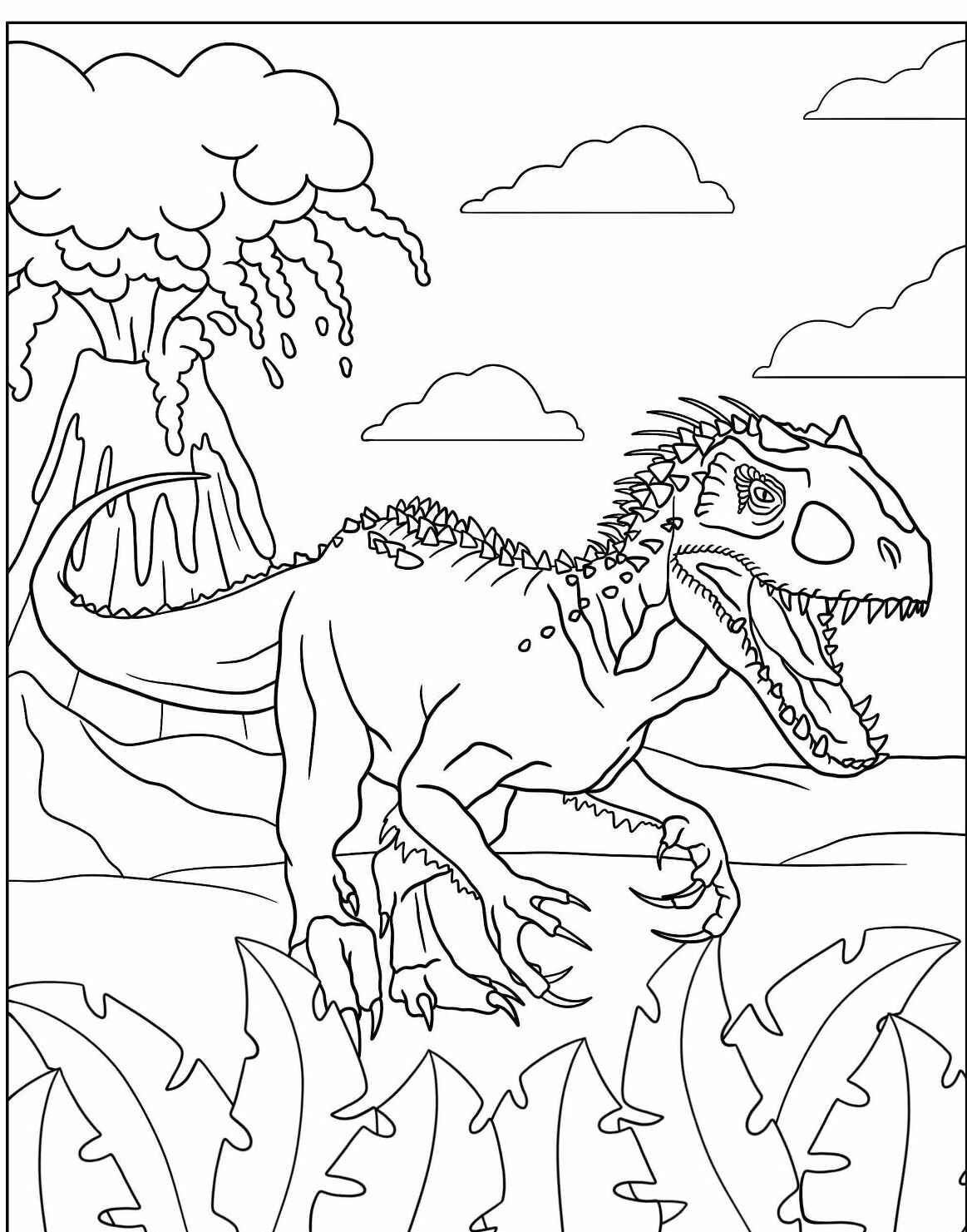 Desenho do Dinossauro T-Rex em ambiente vulcânico para colorir