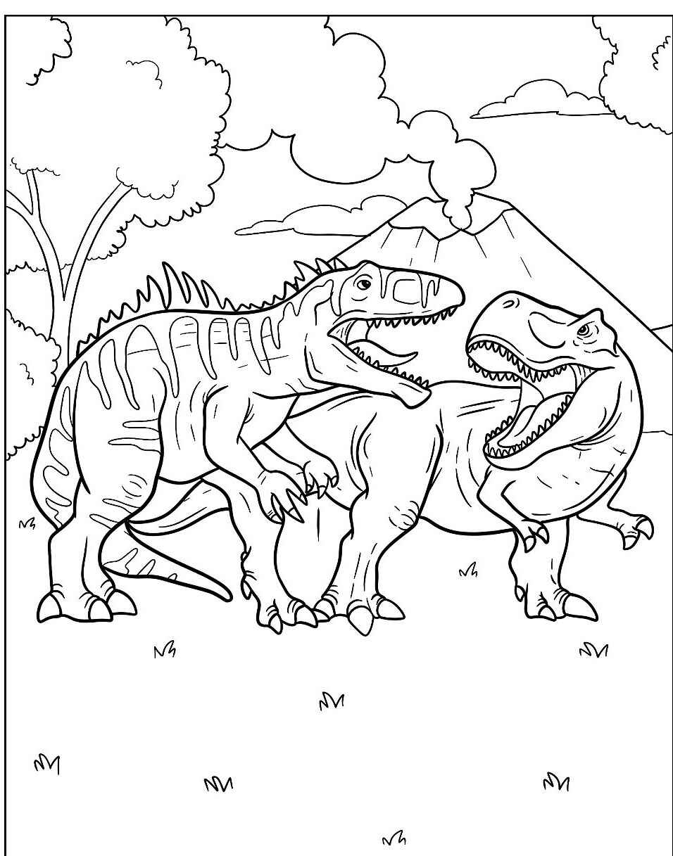 Desenho de Dinossauros lutando para imprimir e colorir