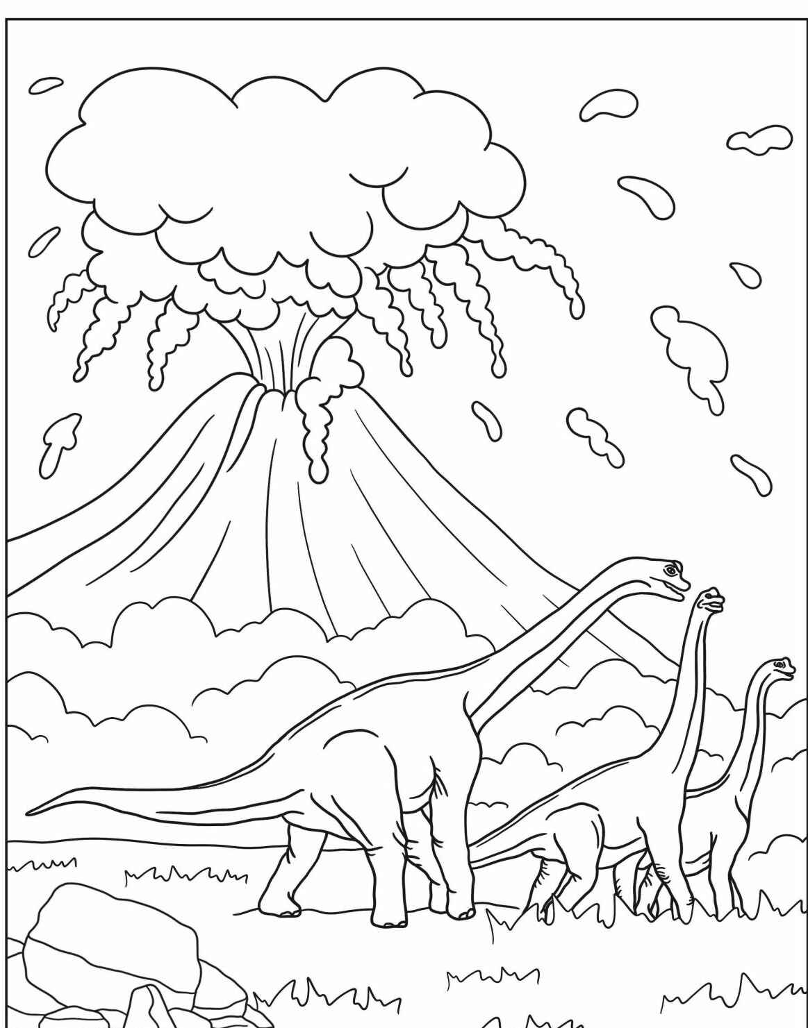 Desenho de Dinossauros brachiossauros perto de um vulcão