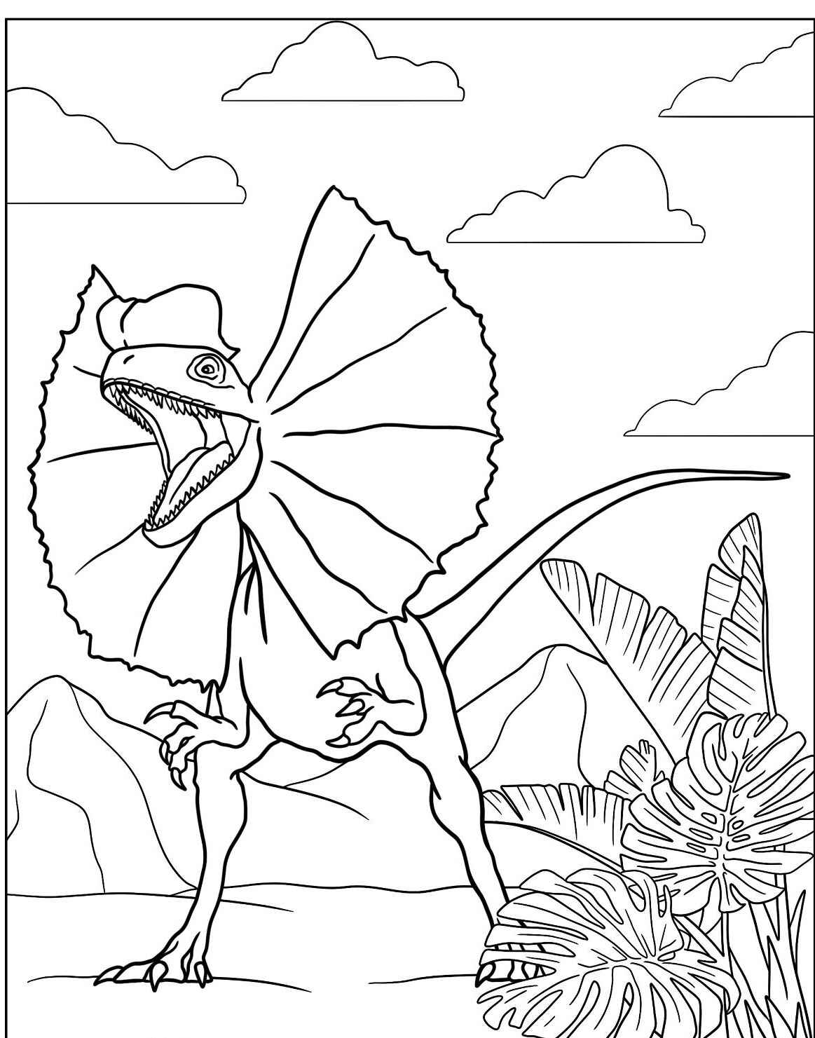 Desenho de Dinossauro Velociraptor em ambiente natural para colorir