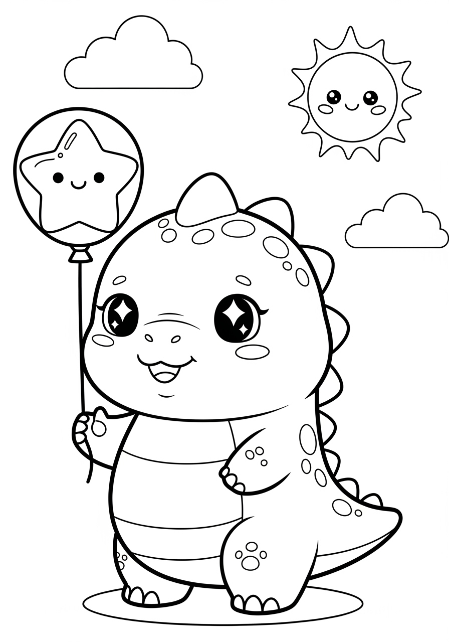 Desenho de Dinossauro fofo segurando balão para imprimir